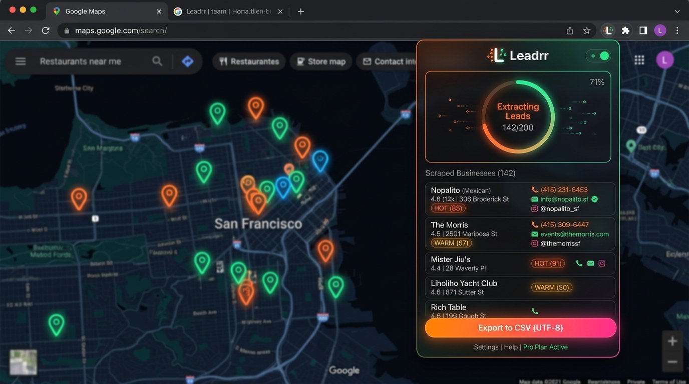 Leadrr Chrome Extension Live Google Maps Scraping UI Preview